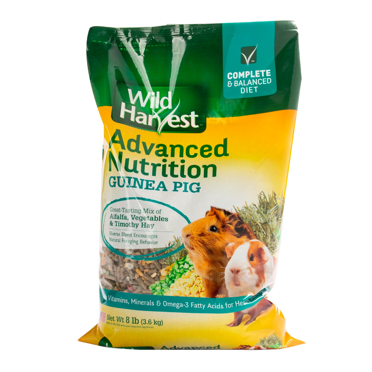 Wild Harvest Advanced Nutrition Guinea Pig Food, 8 lbs | Daily Blend Of Alfalfa, Veggies & Timothy Hay, Fortified With Fiber, Protein, Vitamins & Minerals, Resealable Bag Stays Fresh