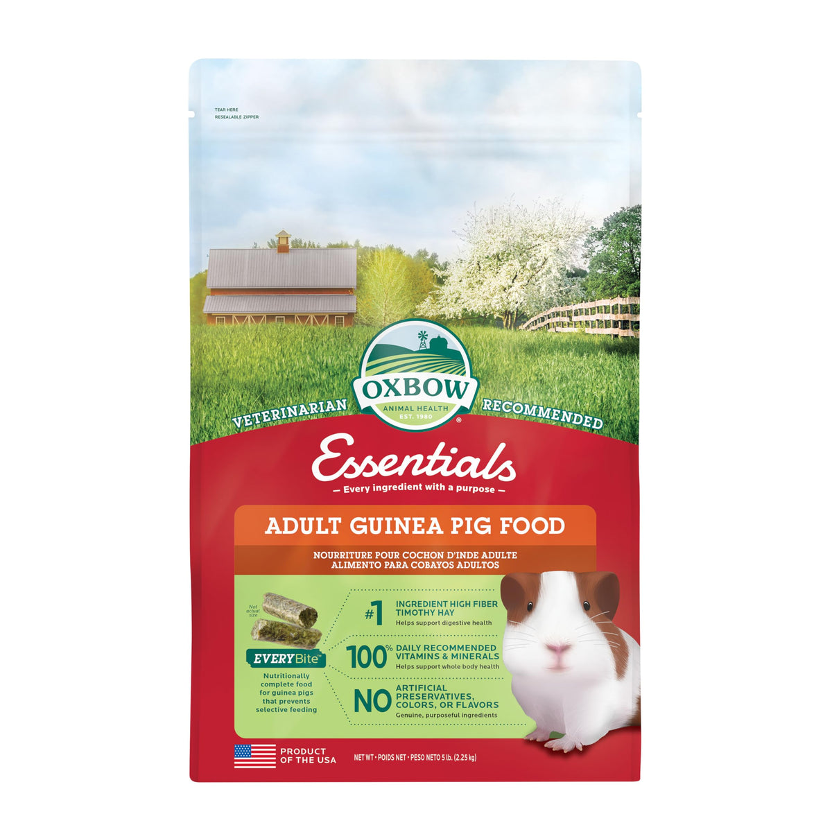 Oxbow Essentials Adult Guinea Pig Food, Timothy Hay Pellets, USA, 5 lb | Guinea Pig Pellets, Vitamin C For Guinea Pigs, Stabilized, High Fiber, Made in USA, Uniform Food, Prevents Selective Feeding