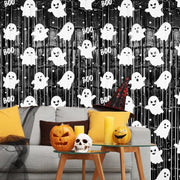 2 Pack Halloween Fringe Curtains, Ghost Foil Tinsel Backdrop | Metallic Foil, 3.28 x 6.56 FT Halloween Tinsel Backdrop Photo Booth Props Streamer for Halloween Decorations