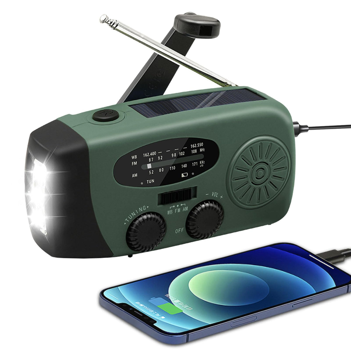 WVL 7400mWh Emergency Weather Radio, Portable Solar Hand Crank Radio AM/FM/NOAA, with 3 Mode Flashlight & Reading Lamp, Cell Phone Charger and SOS Siren(Navy Green)
