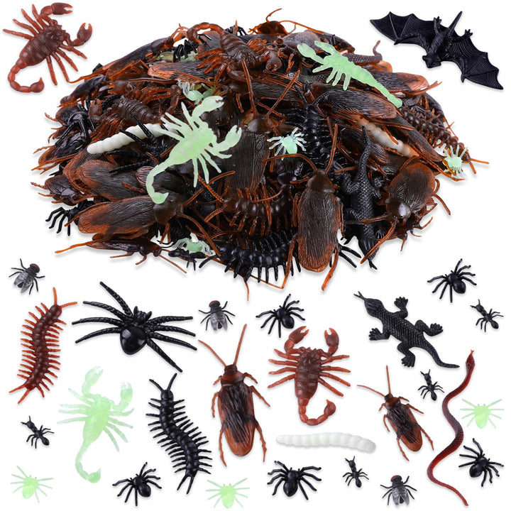 Vellibring 220Pcs Realistic Halloween Plastic Fake Bugs Trick Joke Toys, Cockroaches Spiders Centipedes Scorpions Flies Ants for Kids Halloween Party Favors Fool's Day Decoration