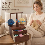 GloTika Wooden Yarn Holder with Double Drawer and 2 Magnetic Spindles | Handcrafted, Tangle-Free Spinning, Anti-Slip Weighted Base, Phone Stand, Easy Assembly, Gift for Knitters, Solid Build