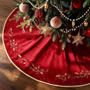 Bunny Chorus Christmas Tree Skirt, 48 inches Red Luxury Velvet Plush Fur Skirts with Gold Embroidered Holly Leaf for Rustic Xmas Tree Holiday Decorations