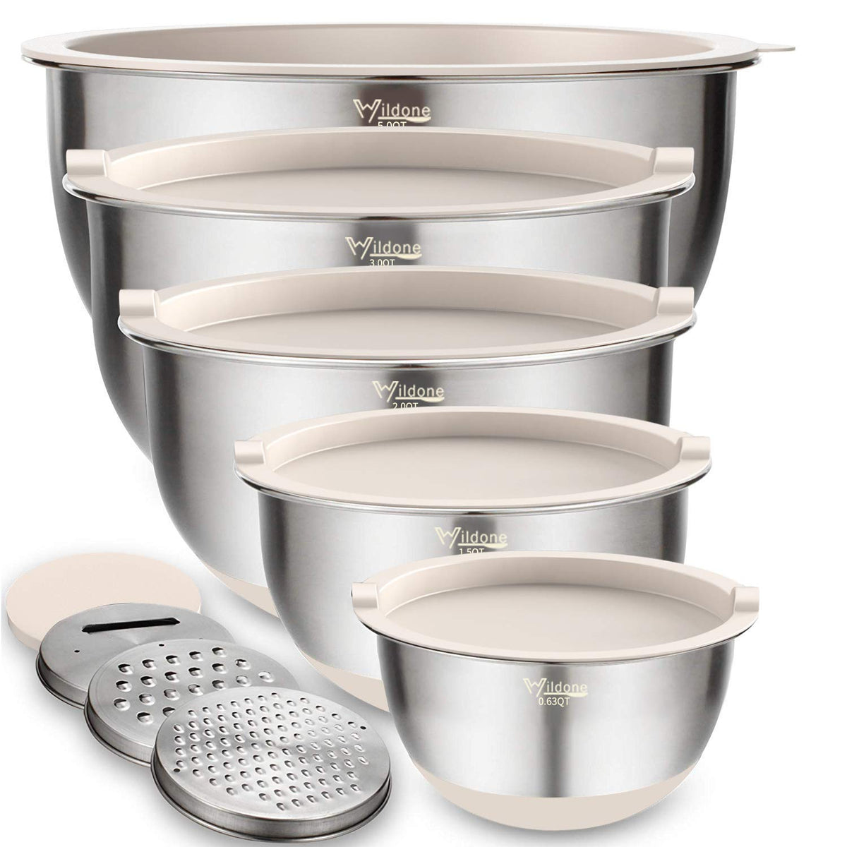 Wildone Mixing Bowls with Airtight Lids Set, 5PCS Stainless Steel Nesting Bowls with Grater Attachments & Non-Slip Bottoms, Size 5, 3, 2, 1.5, 0.63 QT, Great for Mixing & Serving, Khaki
