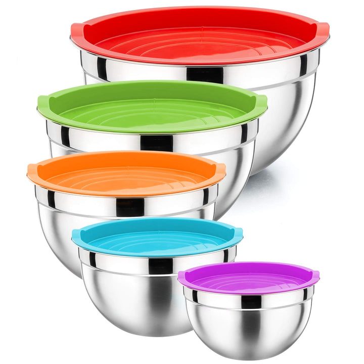 P&P CHEF Metal Mixing Bowls with Lids Set, Airtight Lids & Multicolor | 5 PCS Stainless Steel Mixing Nesting Bowls for Kitchen Prepping, Storing, Healthy & Easy Clean, Size 4.6, 3, 1.5, 1, 0.7 QT