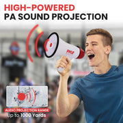 Pyle 20W Megaphone Bullhorn - 5.4'' x 8.6'' Portable Megaphone, Projection Range 1000 Sq. Yards, Voice Talking & Siren Alert, Shoulder Strap, Battery Operated, (White)