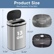 DUMOS Automatic Trash Can, 13 Gallon Touchless Sensor Garbage Can | Electric Touchless Trash Bin with Removable Lid, Fingerprint-Proof Stainless Steel, Long-Lasting Battery, 50L Large Capacity