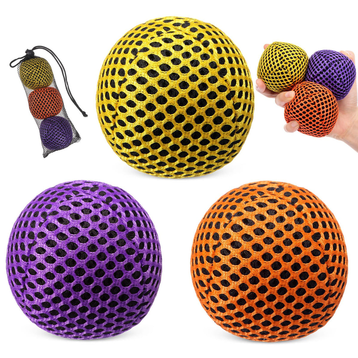 Soulchen 3 Pcs Halloween Juggling Balls Set for Beginners and Professionals | Yellow Orange Purple, Mesh Juggling Bean Bags Kit with Storage Bag, Halloween Cosplay Props for Witch Clown Party Game