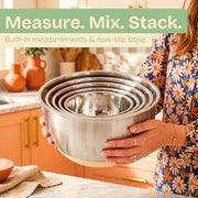 Non-Toxic Stainless Steel Mixing Bowls, Glass Lids, Plastic Free, 5-Pcs | LFGB platinum silicone seal. Keeps food fresh longer. Airtight. Non-slip silicone base. Dishwasher safe. Measurement marks.