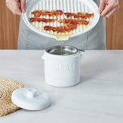 ONEMORE Microwave Bacon Tray with Lid Ceramic Bacon Cooker Meat Rack for Oven Cooking Crispy Bacon Maker with Cover - 11 inch Round Bacon Dish Plate, White