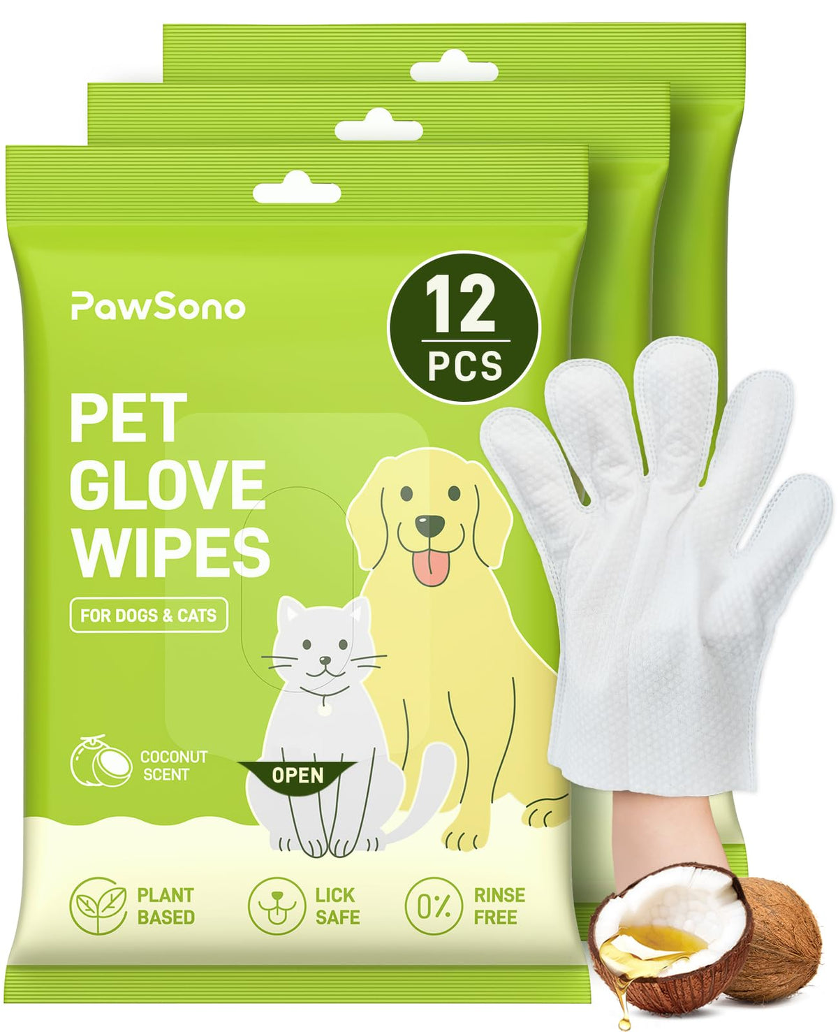 PawSono 36 Count Pet Wipes for Dogs & Cats, Glove Design, Coconut Scent | Natural Hypoallergenic Formula, Quick Daily Grooming for Paws, Butt & Body, No-Rinse Cleaning Between Baths & Travel