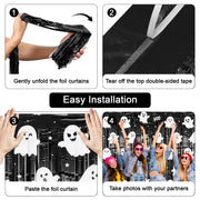 2 Pack Halloween Fringe Curtains, Ghost Foil Tinsel Backdrop | Metallic Foil, 3.28 x 6.56 FT Halloween Tinsel Backdrop Photo Booth Props Streamer for Halloween Decorations