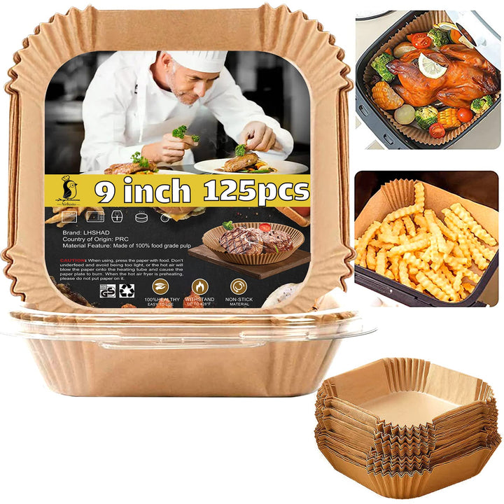 Air Fryer Liners Disposable 9 Inch, 9 inch Air Fryer Liners | 125 Pcs Large Square Air Fryer Paper Liners for 5QT 6qt 8QT Air Fryer, Non-stick Parchment Paper for Frying, Baking