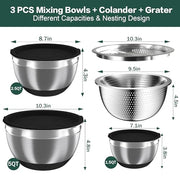 Mixing Bowls with Airtight Lids, Stainless Steel Mixing Bowl Set with 3 Nesting Kitchen Metal Bowls, Colander & Grater, Non-Slip Bottoms, Size 1.5, 2.5, 5 QT, Great for Mixing & Serving, Black