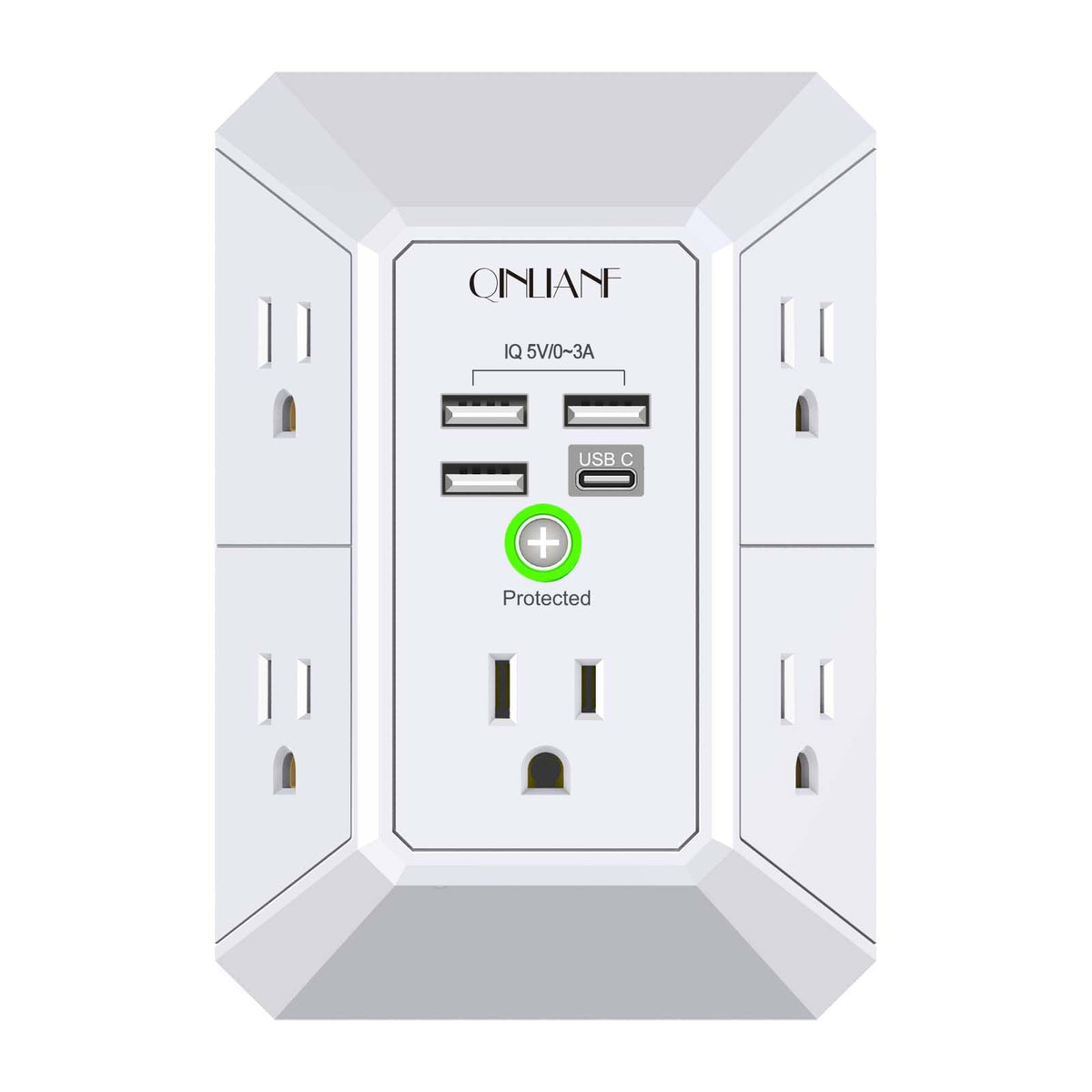Wall Charger, Surge Protector, QINLIANF 5 Outlet Extender with 4 USB Ports | 1680 Joules, 3-Sided Power Strip, Multi Plug Wall Outlet Adapter Spaced for Home Travel Office, White