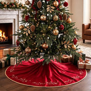 Bunny Chorus Christmas Tree Skirt, 48 inches Red Luxury Velvet Plush Fur Skirts with Gold Embroidered Holly Leaf for Rustic Xmas Tree Holiday Decorations