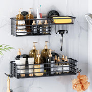 LEVERLOC Shower Caddy Suction Cup, 2 Pack Suction Shower Shelf With Hooks | Black Shower Caddies, Soap holder, NO-Drilling Bathroom Holder, Rustproof bathroom organizer