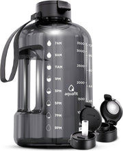 AQUAFIT 1 Gallon Water Bottle with Time Marker | BPA Free 128 oz Water Bottle with Straw and Chug Lids - Leakproof Gym Water Bottle with Carry Handle (Gray)