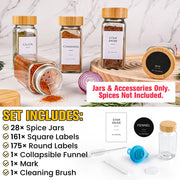 28PCS Spice Jars with Label, 4oz Glass Seasoning Containers with Bamboo Lid | Include 336 Waterproof Labels, Collapsible Funnel, Mark, Brush, Empty Spice Bottle for Cabinet Drawer Rack Organizer BPA-Free