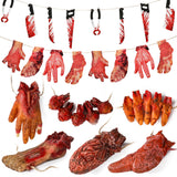 Scary Halloween Decorations, Haunted House Props Decor 6Pcs Fake Body Parts | Hanging Severed Hands, Creepy Bloody Carnival Vampire Zombie Party, 6pcs Fake Body Parts, 16pcs Weapon Cutouts Banner