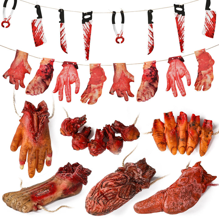 Scary Halloween Decorations, Haunted House Props Decor 6Pcs Fake Body Parts | Hanging Severed Hands, Creepy Bloody Carnival Vampire Zombie Party, 6pcs Fake Body Parts, 16pcs Weapon Cutouts Banner