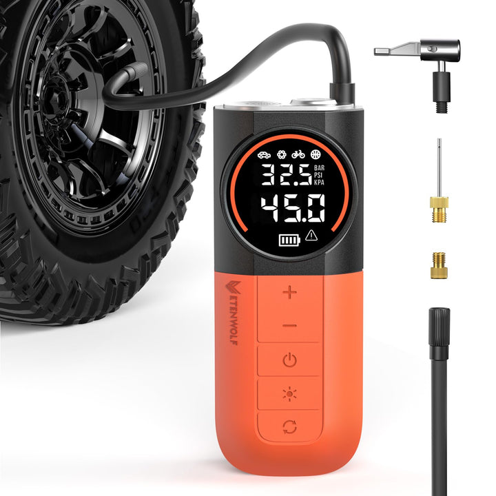 ETENWOLF S1 Tire Inflator Portable Air Compressor, 160PSI Cordless Air Pump | Fast Inflation,Tire Pump for Car Tires,Motorcycle,Balls,Bike Pump with LED Light, Auto Shut-Off,Digital Pressure Gauge,Orange