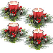 Christmas Candle Ring, 4 Pcs Votive Candle with Red Berry Pinecone | Xmas Ring Candle for Table Centerpiece Decoration Wedding Holiday,Red
