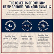 Dominion Hemp Premium Hemp Bedding for Chicken Coops 285L - 30lbs, 1-Pack | Ultra-absorbent USA hemp bedding for chicken coops and small pets, low dust, reduces odor, and keeps habitats clean and dry.