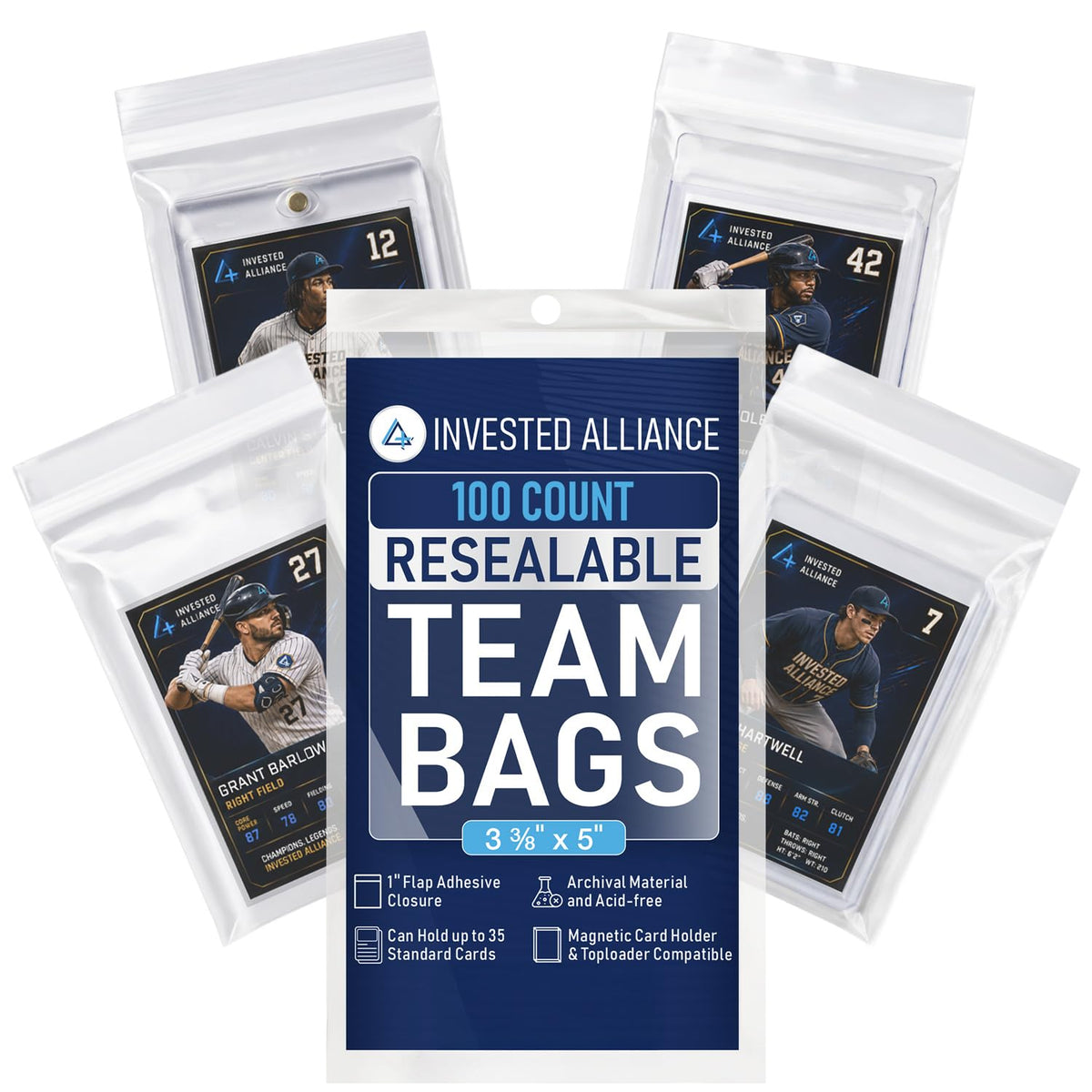 Invested Alliance Resealable Set Team Bags for Trading Cards | Ultra, TCG, Baseball, Sports Card Team Bags Sleeves. Fits Top loaders, Magnetic & Semi Rigid Holders. High Clarity Sleeves.