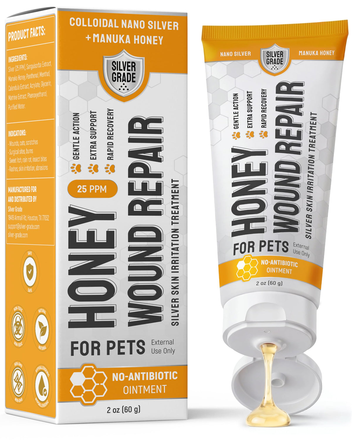 SILVER GRADE Dog Wound Care with Manuka Honey & Colloidal Silver for Scratches & Skin Irritations – Cat & Dog Hot Spot Treatment Gel Works as Honey Rapid Wound Repair for Horses – for All Pets – 2-Oz