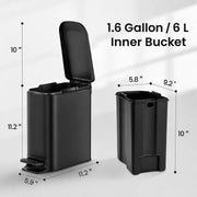 TIPGO Small Bathroom Trash Can with Lid Soft Close, 1.6 Gal, Matte Black | Step Pedal, 5.9'' Slim for Narrow Space, Stainless Steel, Anti-fingerprint, Removable Inner Bucket, Odor Seal