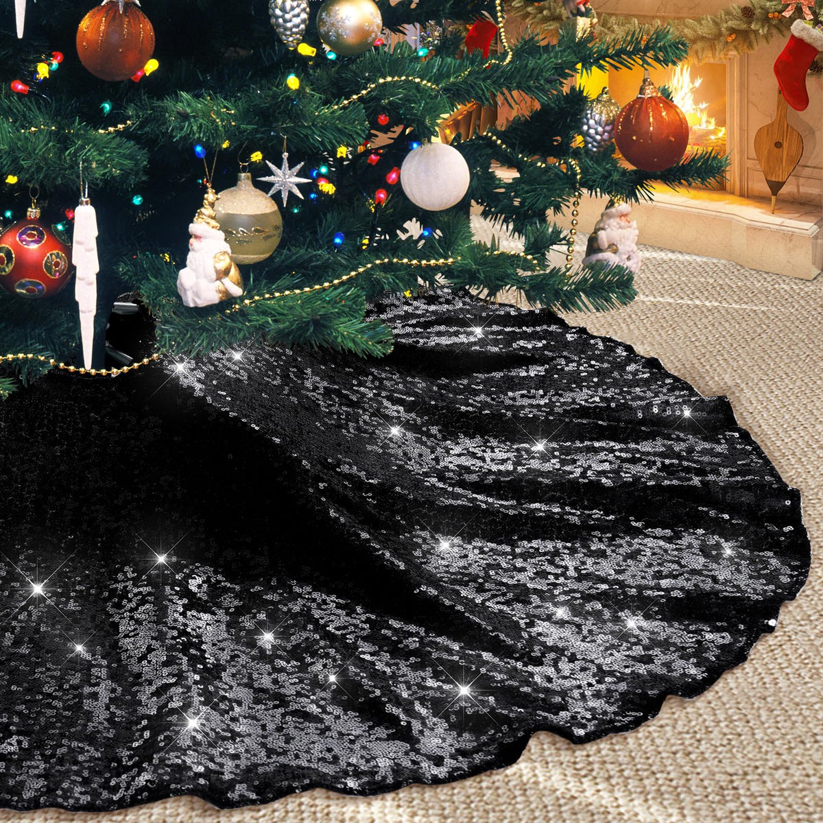 Poise3EHome Black Christmas Tree Skirt, 36 Inch Sequin Tree Skirt | Christmas Halloween New Year Tree Base Decor for Living Rooms Entryways Offices and Covered Patios