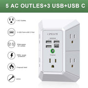 Wall Charger, Surge Protector, QINLIANF 5 Outlet Extender with 4 USB Ports | 1680 Joules, 3-Sided Power Strip, Multi Plug Wall Outlet Adapter Spaced for Home Travel Office, White