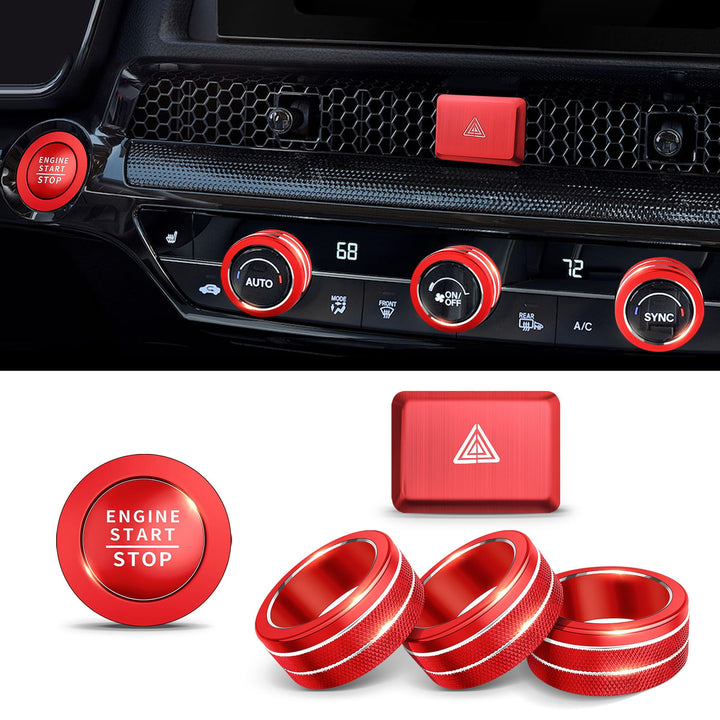 Polodunn for 2022-2026 Honda Civic, 2023-2026 CRV/HRV/Acura Integra, 2023-2025 Accord & 2025 ADX Accessories - 6pcs Aluminum Alloy Knob Cover Trim Set FIts Push Start, AC & Hazard Light (Red)