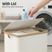 efluky Slim Laundry Hamper with Lid and Removable Bag, 75L Beige | Narrow Laundry Basket with Bamboo Handles, Skinny Dirty Clothes Hampers for Laundry, Bedroom, Bathroom & Dorm