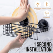 LEVERLOC Shower Caddy Suction Cup, 2 Pack Suction Shower Shelf With Hooks | Black Shower Caddies, Soap holder, NO-Drilling Bathroom Holder, Rustproof bathroom organizer
