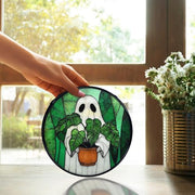 TNUW Halloween Ghost Plant Stained Glass Window Hanging, Ghost Halloween Sun Catchers Indoor Window Glass Round Wall Art Decor, Gifts for Plant Lovers Wall Hanging Decorations, 7.9＂x7.9＂
