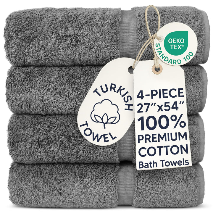 Chakir Turkish Linens 100% Cotton 4-Pack Bath Towels 27x54, Gray | Premium Cotton Turkish Bath Towels, Set Of 4 At 27x54, Oeko-Tex Certified, Soft Plush And Absorbent