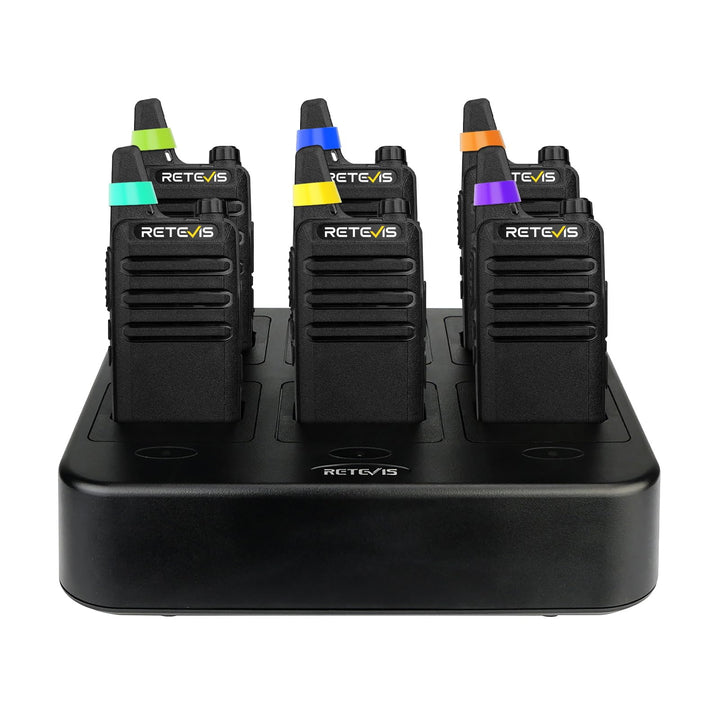 Retevis RT22 Commercial FRS Walkie Talkies Rechargeable Long Range (6 Pack) | Slim & Lightweight 2 Way Radio, For K-12 & Retail, Comfortable for All-Day Wear, Loud & Clear Audio, Charge 6 Radios At Once