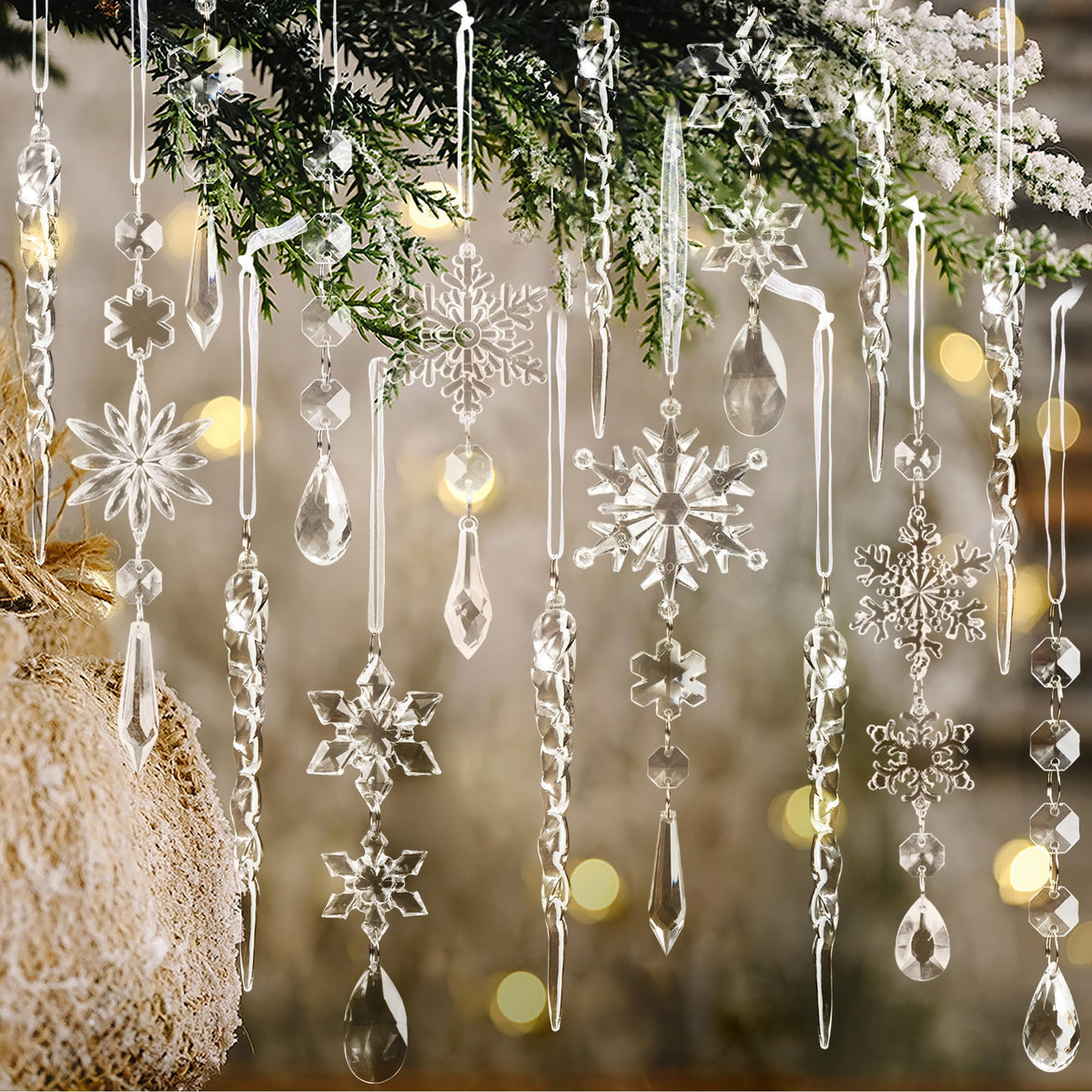 Crystal Christmas Tree Ornaments, Clear Acrylic Snowflake & Icicle, 18pcs | Faceted acrylic catches and reflects tree lights with icy sparkle, creating a crystal-like glow on snowflake & icicle shapes