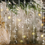 Crystal Christmas Tree Ornaments, Clear Acrylic Snowflake & Icicle, 18pcs | Faceted acrylic catches and reflects tree lights with icy sparkle, creating a crystal-like glow on snowflake & icicle shapes