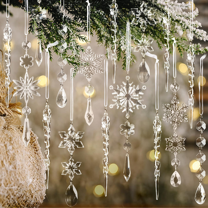 Crystal Christmas Tree Ornaments, Clear Acrylic Snowflake & Icicle, 18pcs | Faceted acrylic catches and reflects tree lights with icy sparkle, creating a crystal-like glow on snowflake & icicle shapes
