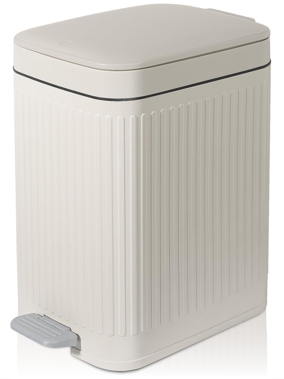 Small Bathroom Trash Can with Lid, 1.9 Gallon Slim Soft Close Step, Cream | Garbage Can with Pedal for Office, Bedroom, Kitchen & Living Room, Narrow Plastic Wastebasket Container for Small Spaces