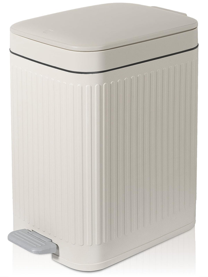Small Bathroom Trash Can with Lid, 1.9 Gallon Slim Soft Close Step, Cream | Garbage Can with Pedal for Office, Bedroom, Kitchen & Living Room, Narrow Plastic Wastebasket Container for Small Spaces