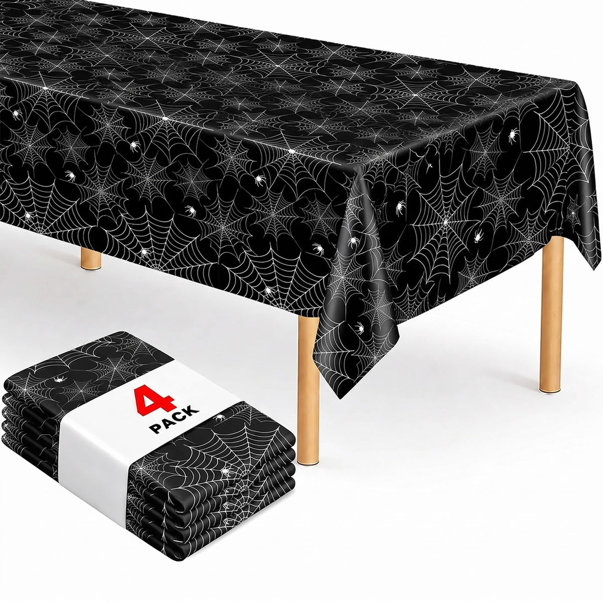 HAMDKS 4 Pack Halloween Tablecloth, Spider Web Table Cloth | 108" x 54" Rectangular Table Cover, Black Plastic Disposable Tablecloth for Halloween Decor Party Supplies
