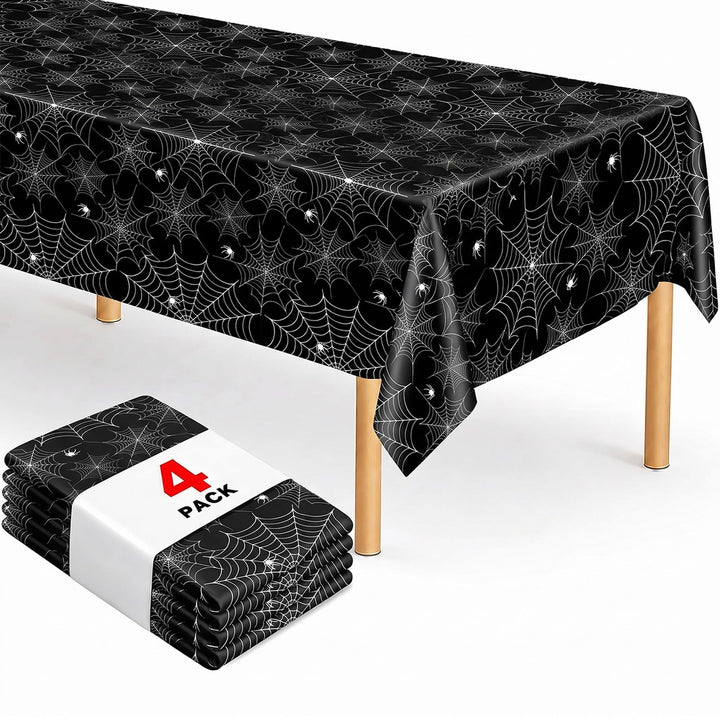 HAMDKS 4 Pack Halloween Tablecloth, Spider Web Table Cloth | 108" x 54" Rectangular Table Cover, Black Plastic Disposable Tablecloth for Halloween Decor Party Supplies