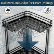 Consumest Corner Shower Caddy Standing - 3-Tier Stainless Steel Shower Organizer with Soap Holder and 4 Hooks, Large Capacity Corner Shelf Stand for Bathroom, Rest Room, Black