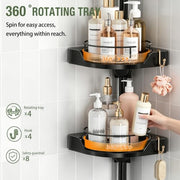 shuang qing 360° Rotating Corner Shower Caddy Tension Pole Organizer, Black | 4-Tier rotating shelves with hooks, adjustable tray height, upgraded rustproof metal pole, removable trays for shower storage