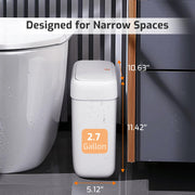 Small Bathroom Trash Can with Lid 2.6 Gallon Garbage Can with 20 Trash Bags | Press Top Lid, Dog Proof, Slim for Small Space, Premium Plastic, Easy to Use Waste Basket for Room, Office, Toilet, Rv, White
