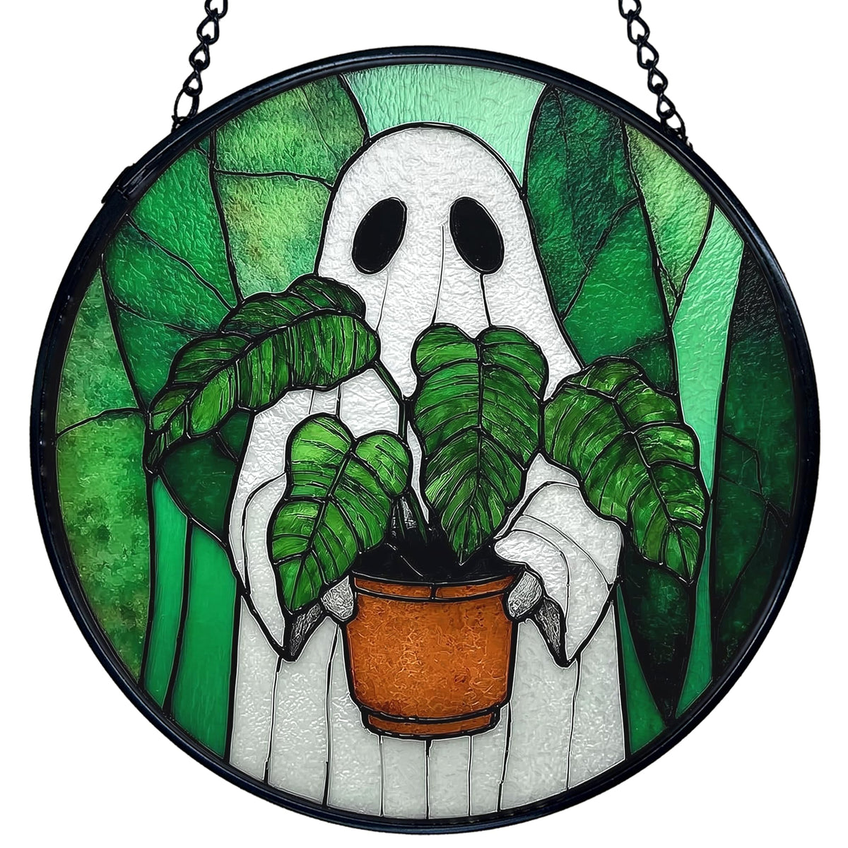 TNUW Halloween Ghost Plant Stained Glass Window Hanging, Ghost Halloween Sun Catchers Indoor Window Glass Round Wall Art Decor, Gifts for Plant Lovers Wall Hanging Decorations, 7.9＂x7.9＂